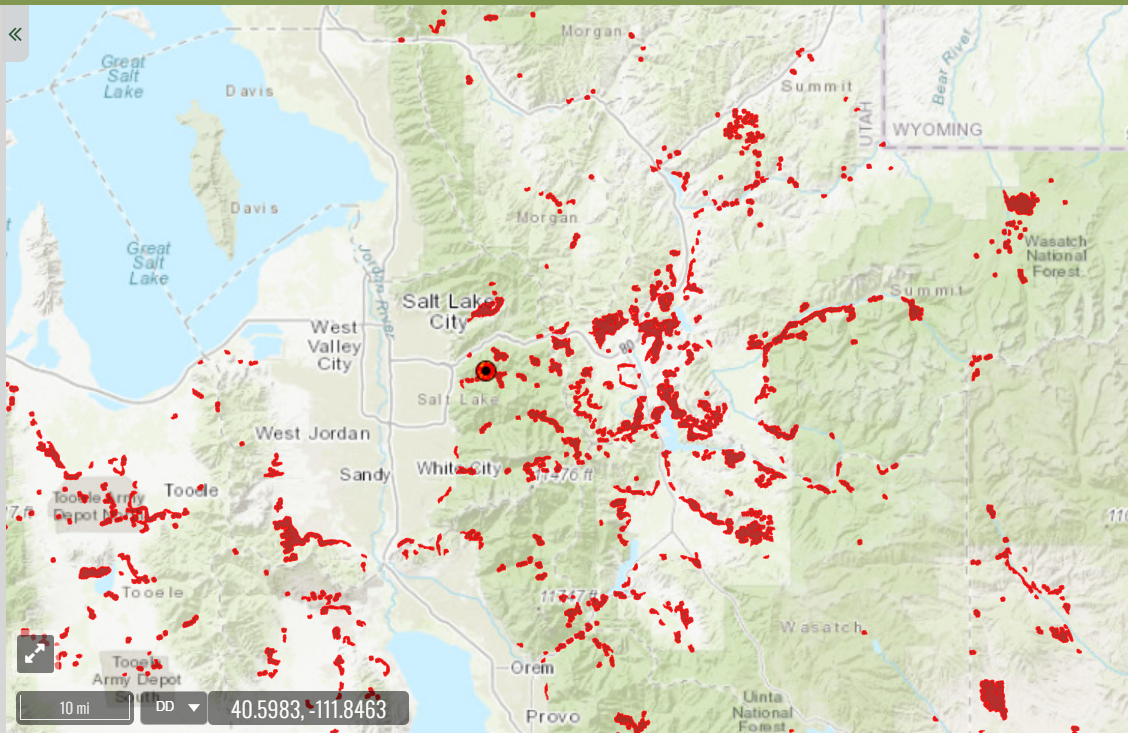 Utah Wildfire Risk Explorer map showing WUI zones