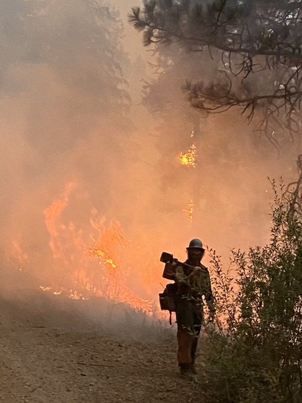 Wildfire mitigation specialist standing in front of a burning wildfire performing a prescribed burn.